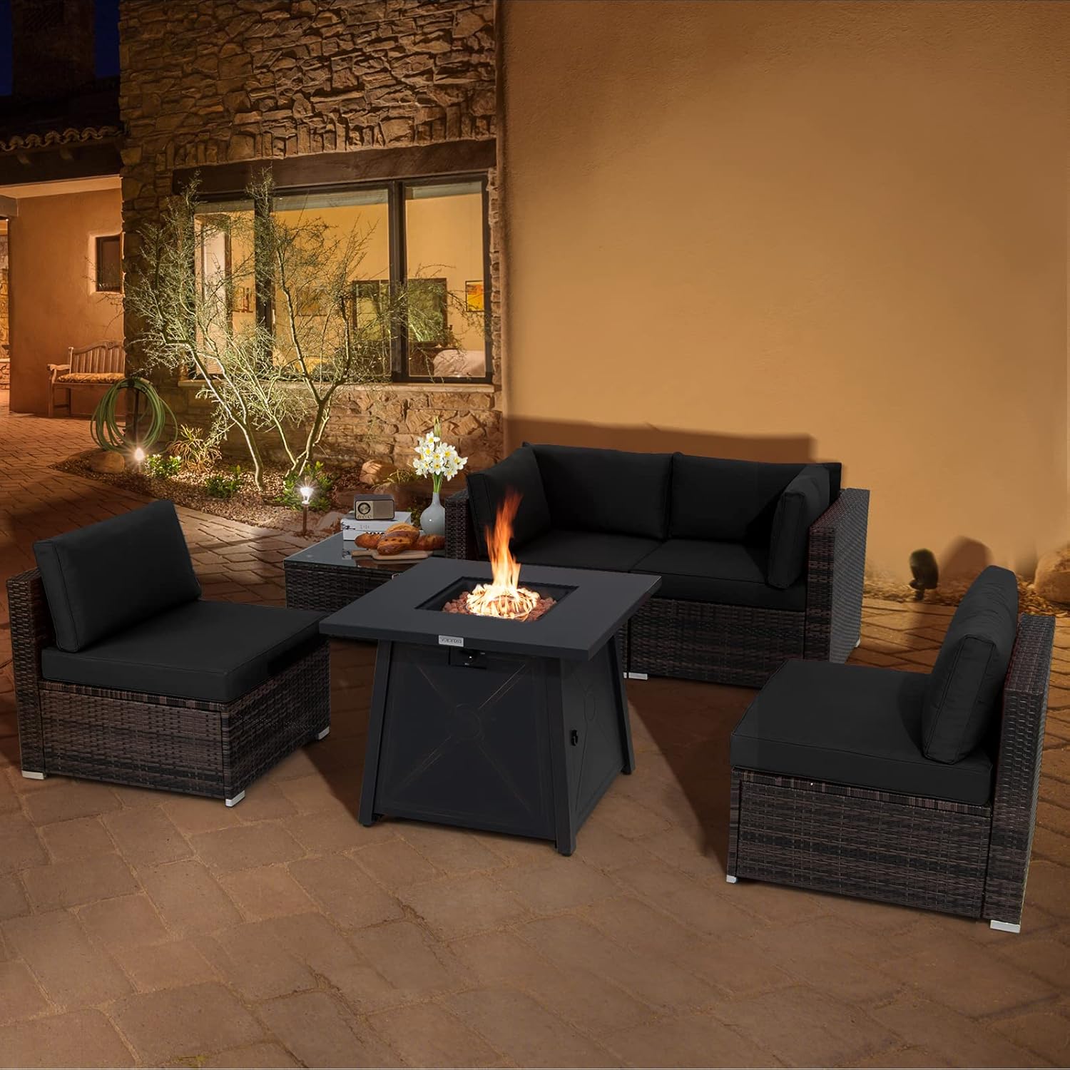 COSTWAY 6 Piece Patio Furniture Set with 30'' Fire Pit Table, Outdoor Wicker Rattan Sectional Conversation Set with 4'' Thickened Cushions, Armless Sofa and Side Coffee Table (Black)