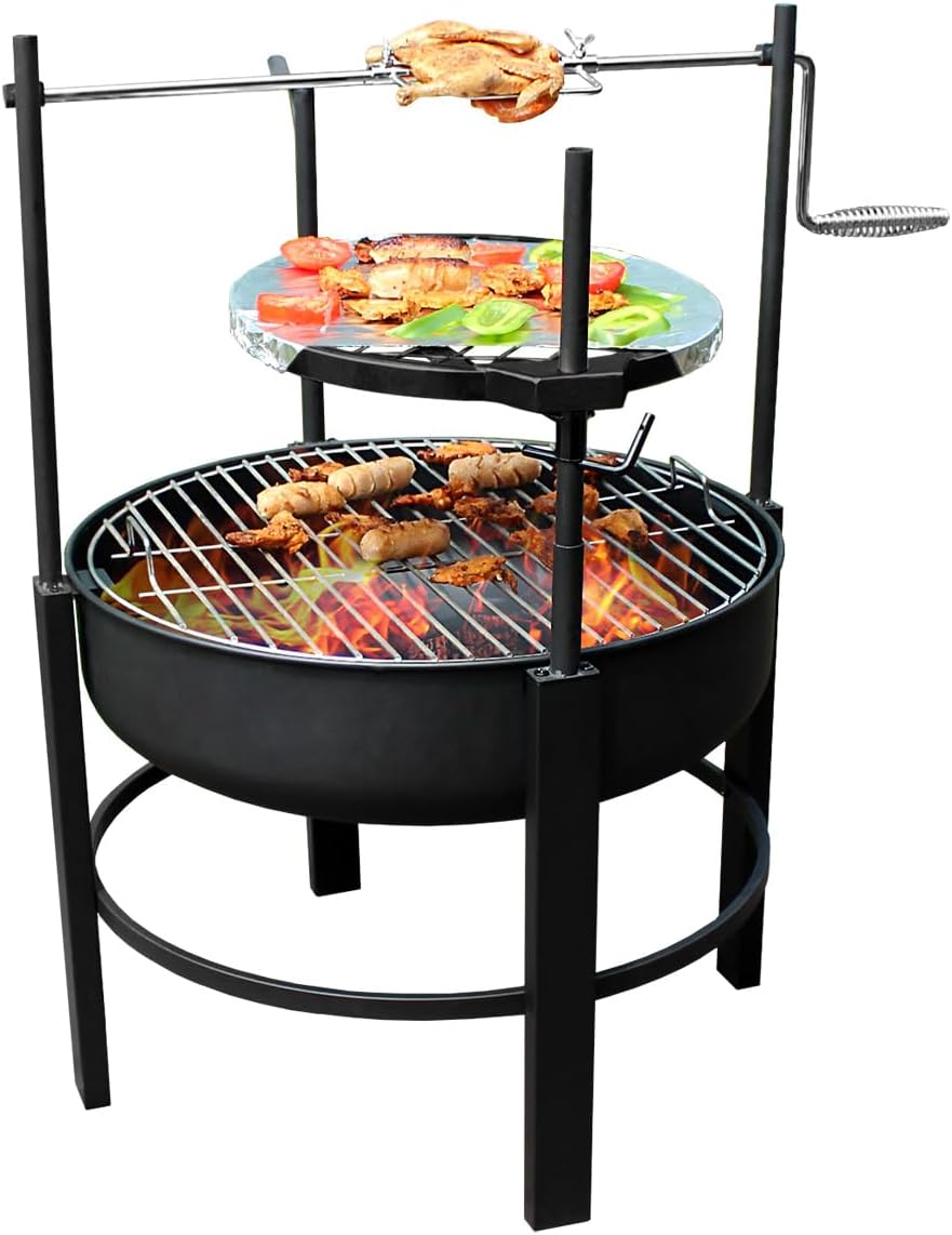 Fire Pit with 2 Grill, Round Metal Wood Burning Firepit with Surrounding Removable Cooking Grill, Unique Design for Camping, Outdoor Heating, Bonfire, and Picnic