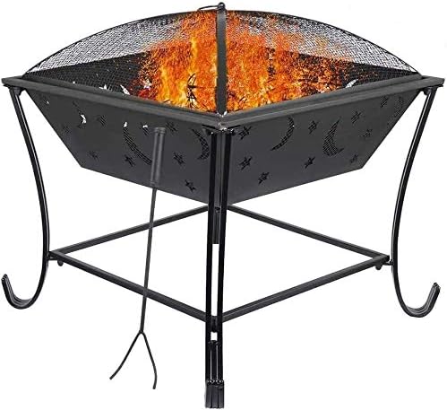 Fire Pits Wood Burning 24 in Outdoor Fire Pit, Bonfire Wood Burning Steel Grill with Square Mesh Spark Screen Cover