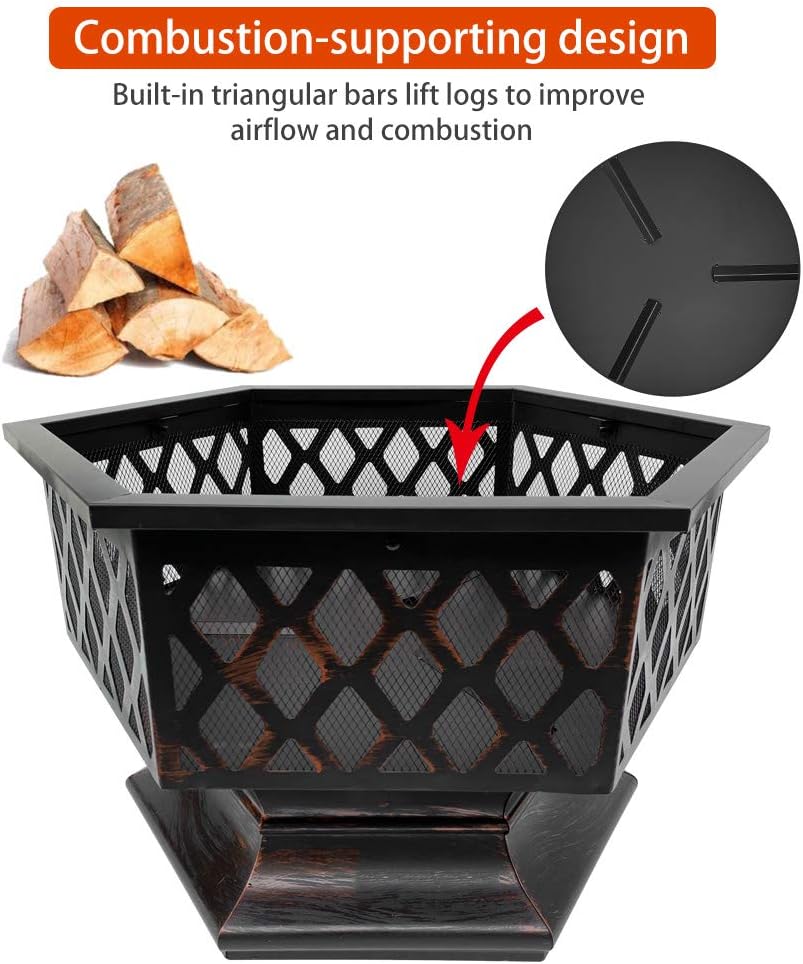 Steel Hexagonal Fire Pit Fire Bowl for Garden and Patio Outdoor Garden Heater Bronze Fire Pit Charcoal Burning Fire Bowl
