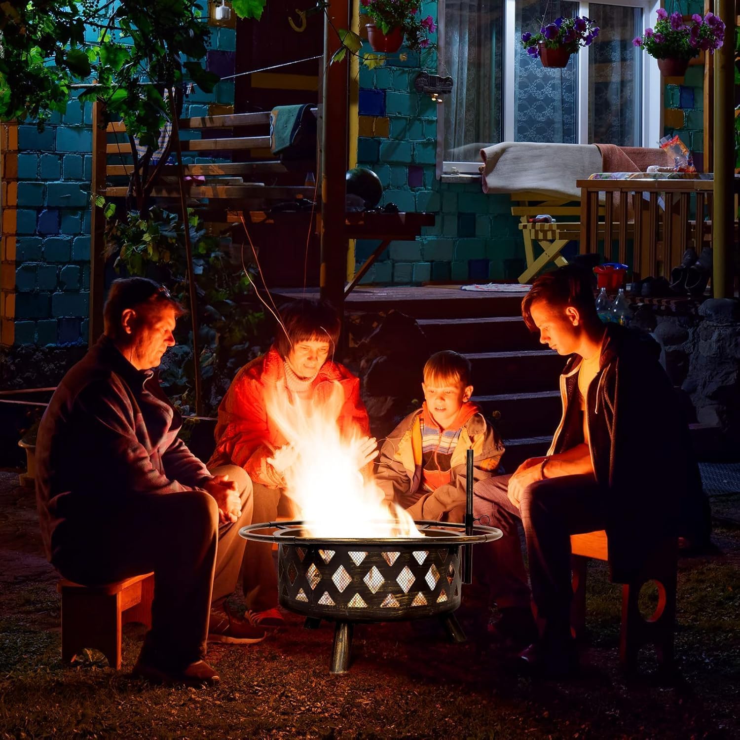 Amopatio Outdoor Fire Pit with Lid, 30 Inch Large Outdoor Wood Burning Fire Pits, Patio Backyard Firepit with Steel BBQ Grill Cooking Grate, Spark Screen & Poker for Garden, Bonfire, Camping, Picnic