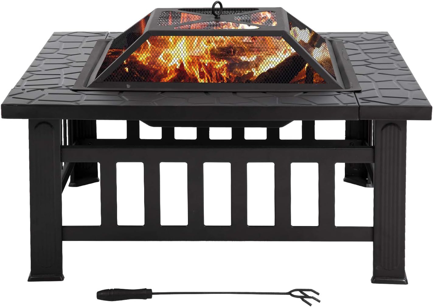 Outdoor Fire Pit 32 inch Square Metal Firepit for Patio Wood Burning Fireplace Garden Stove with Poker & Mesh Cover,Charcoal Rack for Camping Picnic Bonfire Backyard