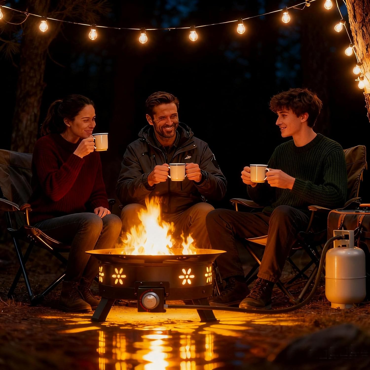 AMADA HOMEFURNISHING 19″ Propane Fire Pit with Grill Grate, 58,000 BTU, Folding Legs, Propane Tank Holder, Cover, and Carry Strap, No Ignition Needed, Easy Flame Adjustment, Portable