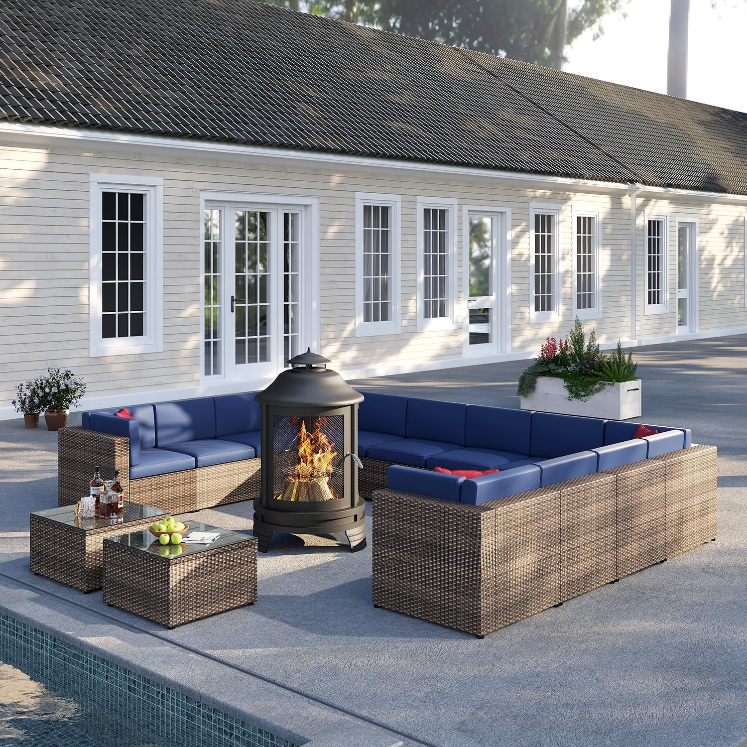 oneinmil 15-Piece Outdoor Furniture Set, with Large Fire Pit Chiminea, 2 in 1 Fire Pit for Outdoor, Wicker Rattan Sectional Conversation Set, and Coffee Table