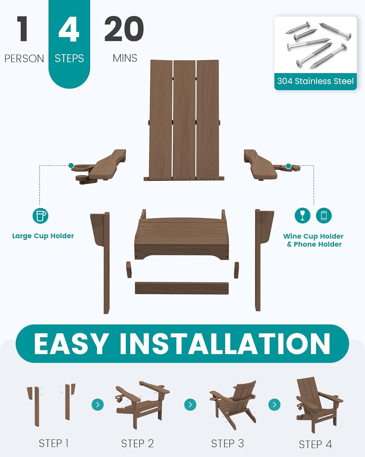 SERWALL Modern Adirondack Chair, Folding Adirondack Chair with Cup Holders, Outdoor HDPE Fire Pit Chair for All Weather Use, Brown