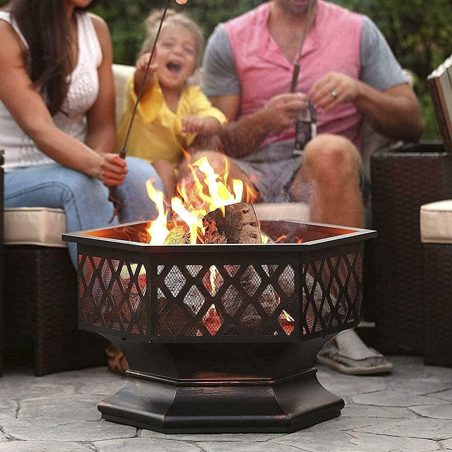 Fire Pit Outdoor Barbecue Heater Hexagon Steel Fire Pit with BBQ Grill Shelf Outdoor Metal Brazier Heater for Bonfire Firebowl for Outside Camping Patio Garden Backyard Picnic