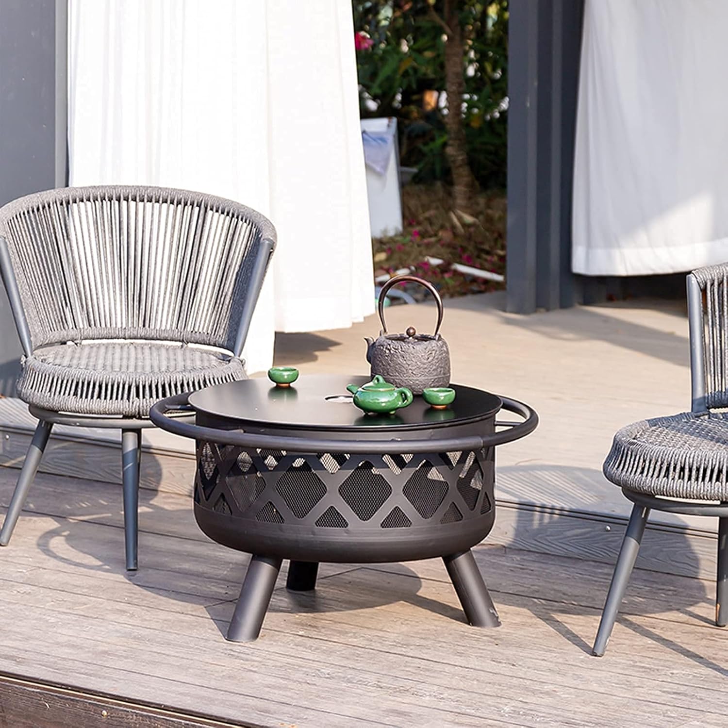 Wood Burning Table Fire Pit BBQ Grill Firepit Bowl 2 in 1 Fireplace for Bonfire Barbecue in The Wild with Grill Grate Backyard Patio Garden Fireplace for Camping Picnic Patio Beaches Park