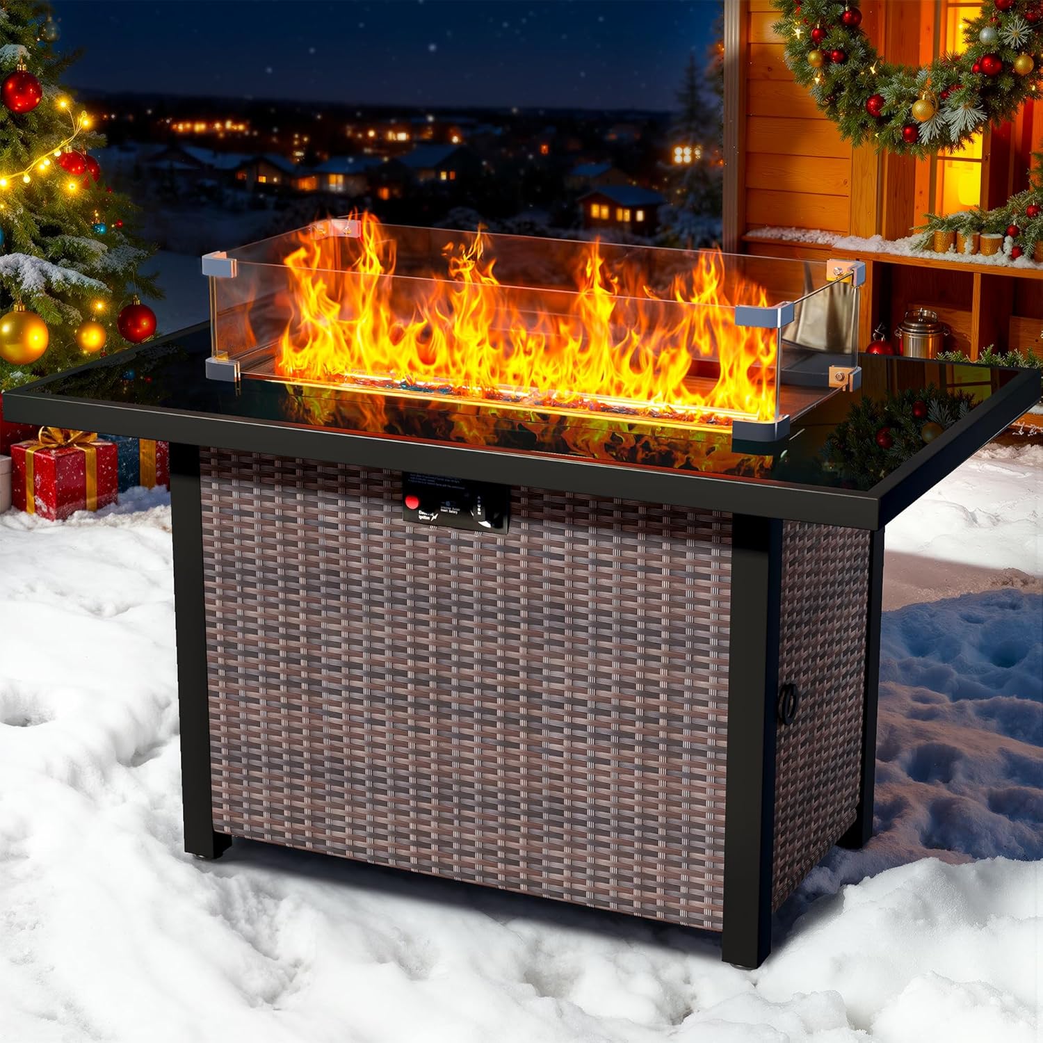43-Inch Propane Fire Pit Table, Rattan Rectangular Outdoor Gas Fire Pit W/Glass Wind Guard, Tempered Glass Tabletop & Lid, CSA Listed, 60,000 BTU, 304 Stainless Steel H-Burner, for Outside Patio,Brown