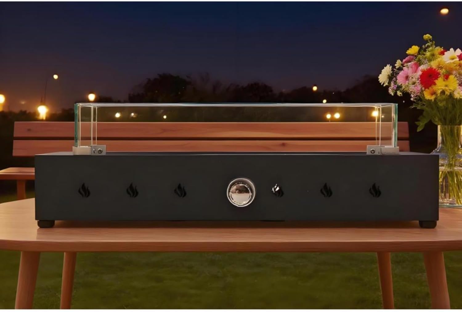 Propane Fire Pit 40,000 BTU with Wind Guard, 28 Inch Outdoor Patio Smokeless Heater with Tempered Glass & Rocks, Steel Gas Fire Pit Table for Deck Backyard, Bottom/Side Hose Conversion