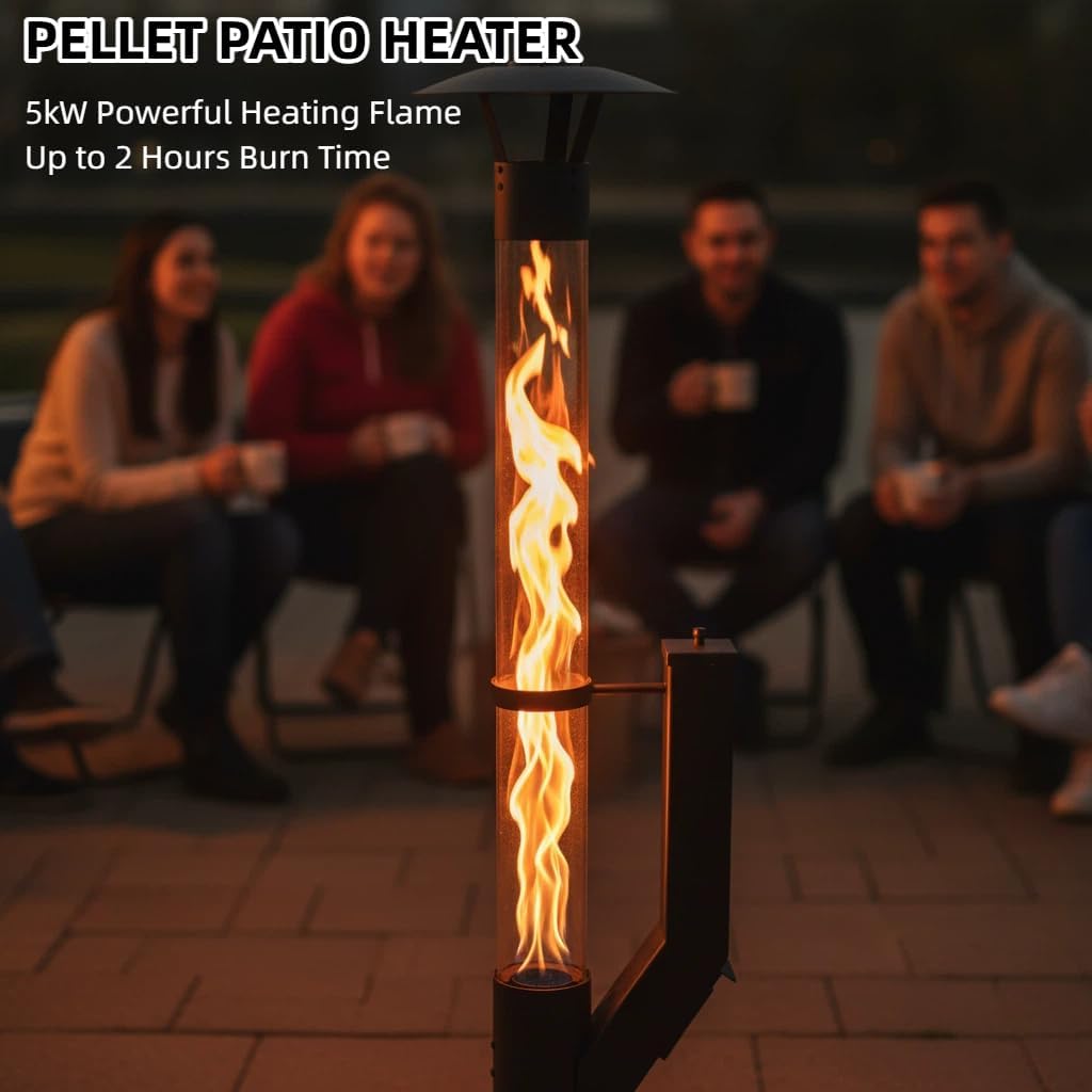 Wood Pellet Patio Heater for Outdoor, 70 Inch Pellet Fire Pit with Rain Cap, 2-Hour Burn Time, Outdoor Pellet Heater for Backyard, Deck, Camping, Matte Black