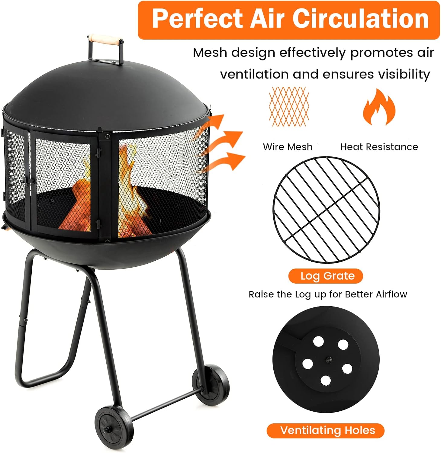 S AFSTAR Fire Pit Outdoor Indoor, 28 Inch Wood Burning Fire Pits W/Wire Mesh Doors, Firepit Lid, Log Grate & Fire Poker, 42.5 Height Rolling Bonfire Fire Pit Portable Firepits for Outside Patio Deck