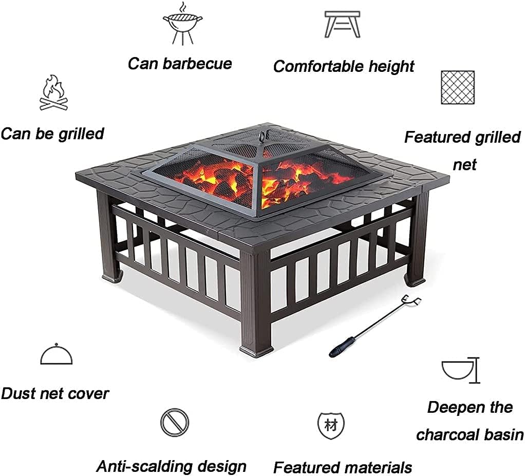 32Inch Outdoor Fire Pit Table, Wood Burning Firepit with Waterproof Cover,Spark Screen and Grill, Metal Square Firepits Grill and Grate for Garden,Patio,Yard and Camping