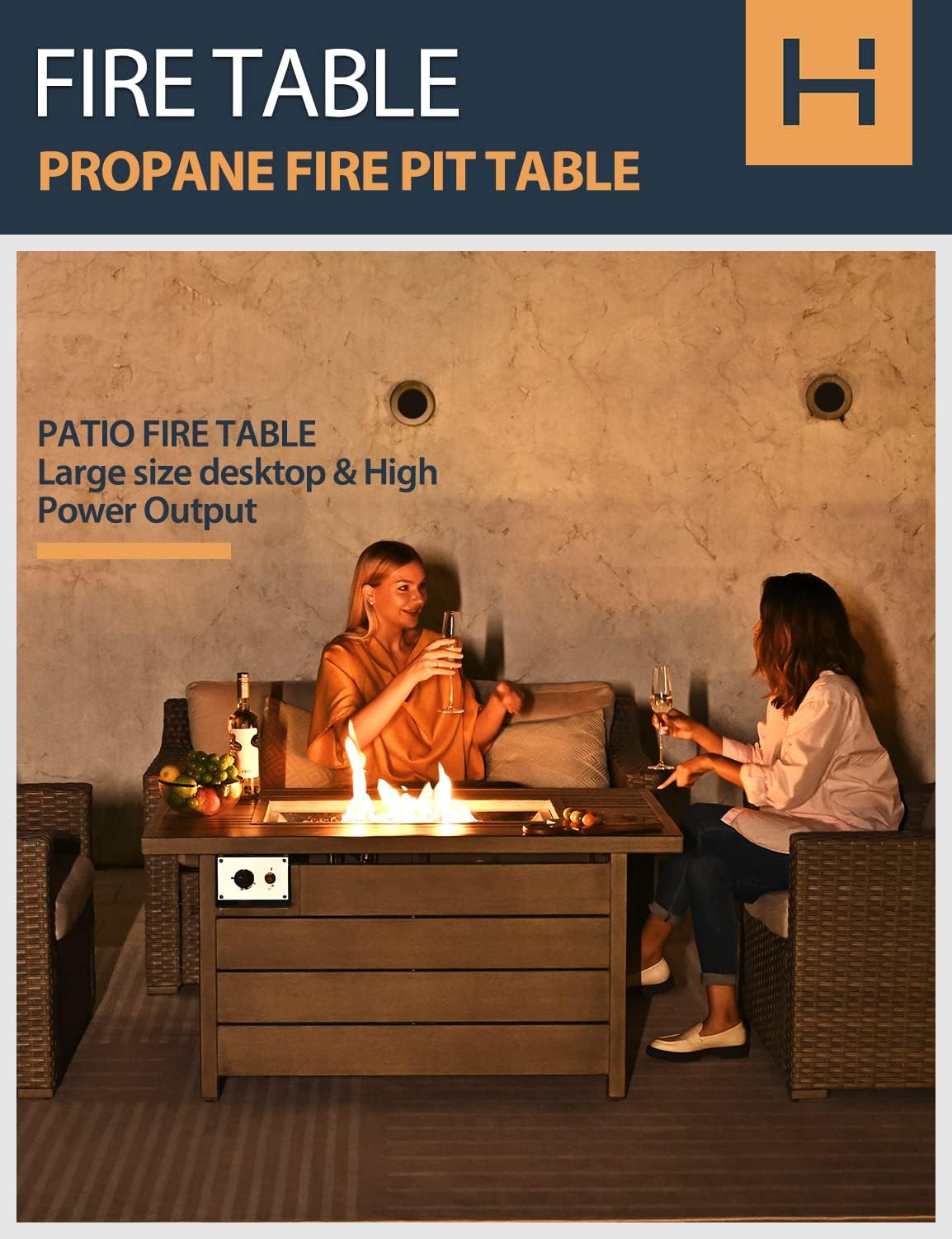 Propane Fire Pit Table, HAPPATIO 48inch 50000 BTU Gas Fire Pit with Aluminum Slats Table Top, Lid, Black Glass Rock, Aluminum Fire Table,CSA Safety Certified for Outside Patio(Gray)
