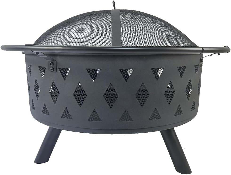 Round fire Pit with net Cover, fire Poker, Diamond mesh, Metal Wood Burning Outdoor fire Pit, Suitable for courtyards, backyards, Gardens, Bonfire Parties, Christmas, Thanksgiving, Halloween