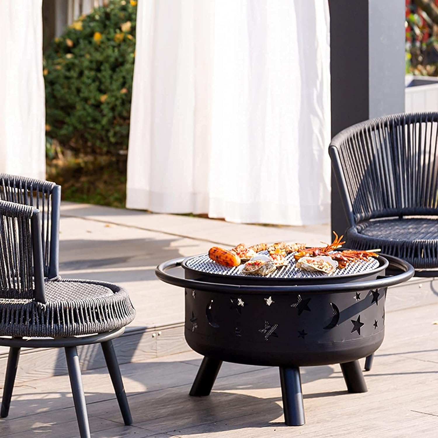 Wood Burning Table Fire Pit BBQ Grill Firepit Bowl 2 in 1 Fireplace for Bonfire Barbecue in The Wild with Grill Grate Backyard Patio Garden Fireplace for Camping Picnic Patio Beaches Park