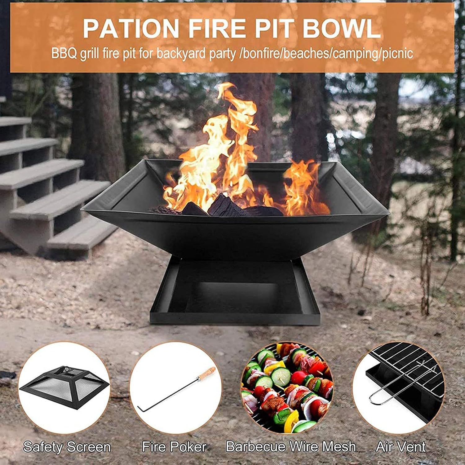 Fire Pit Wood Burning Fire Pit with Cooking & Grill, 18.5 Inch Outdoor BBQ Fire Pits with Spark Screen Fireplace Poker Fire Bowl