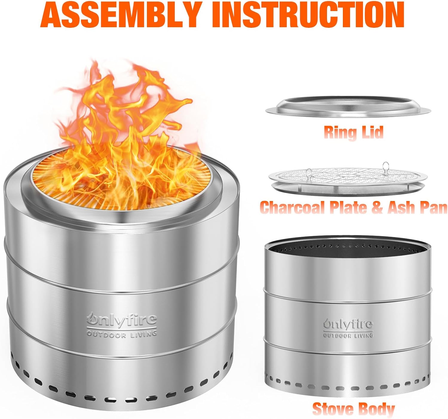 ONLYFIRE OUTDOOR LIVING Wood Burning Fire Pit with Carrying Bag, 19.5” Portable Firepit for Camping Tailgating Patio Backyard Bonfire, Smokeless Fireplace, Stainless Steel FP048