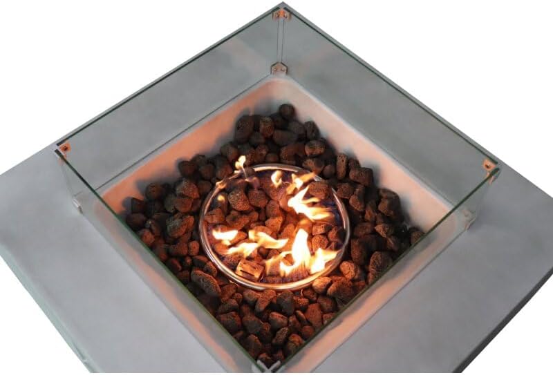 Living Source International Concrete,Glass Propane,Natural Gas Fire Pit Table, Gray