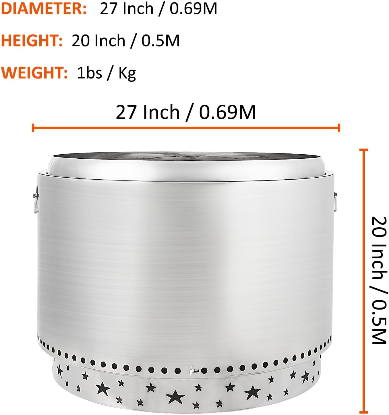 27 Inch Smokeless Fire Pit, Stainless Steel Wood Burning Fire Pits with Removable Stand and Ash Pan, Portable Bonfire Pit with Handle, Outdoor Fire Pit for Camping, Picnic and Family Gathering