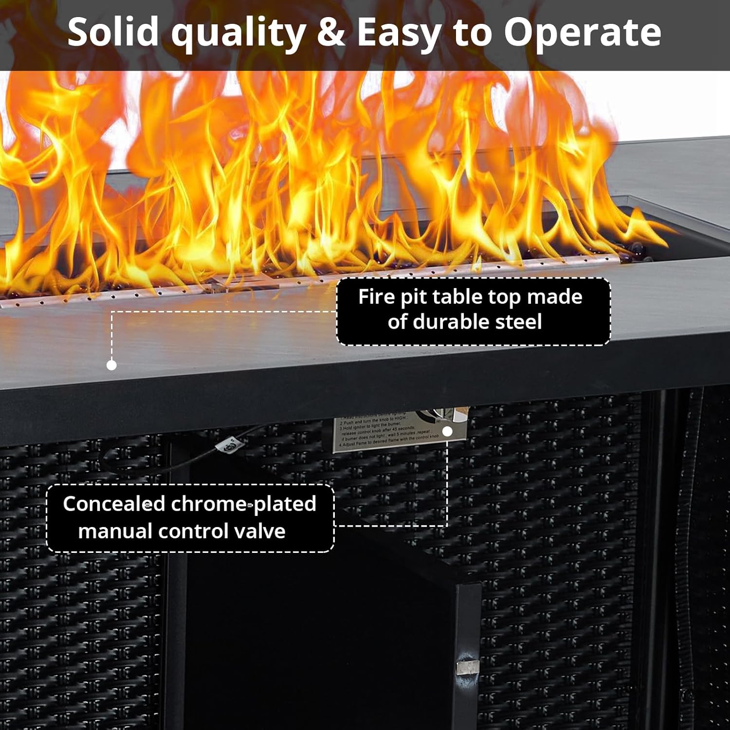 52 Inch Outdoor Gas Fire Table, 50,000 Btu Propane Rattan Fire Pit with Cover, Large Rectangular Fireplace with Rain Cover for Balcony Backyard Garden