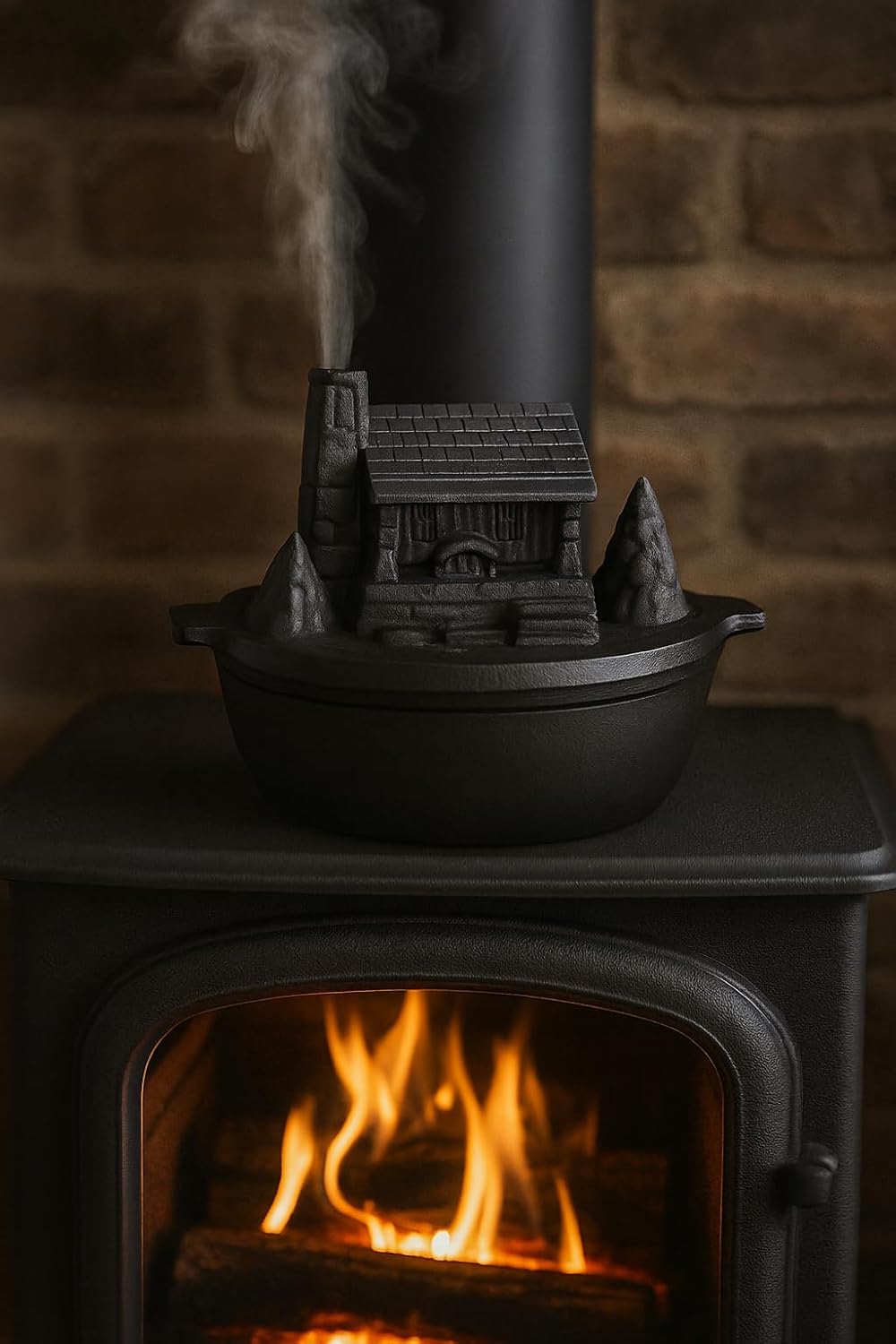 John Wright Log Cabin Cast Iron Steamer – Porcelain-Coated Wood Stove Humidifier - 3 QT