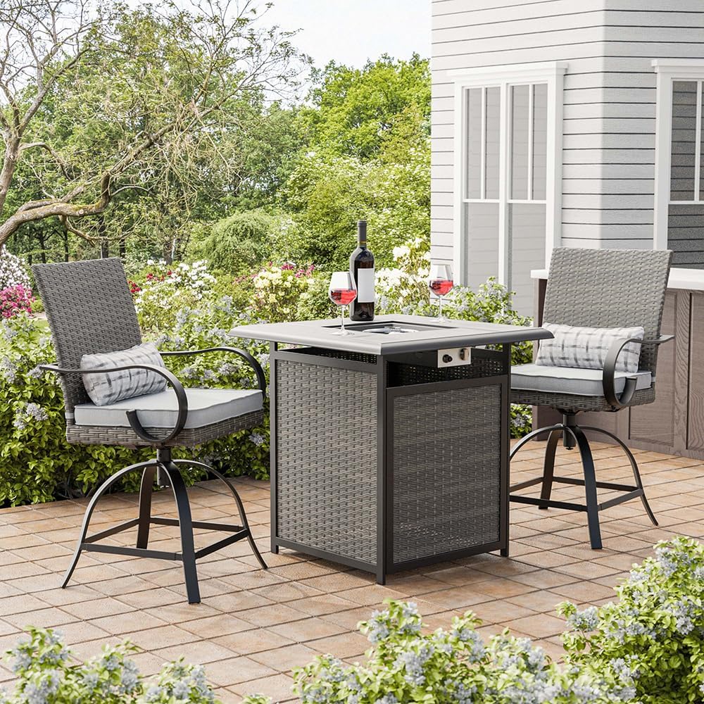 Greemotion USA Arosa Outdoor Bistro Set 3-Piece Bar Height Fire Pit Brown Wicker Rattan with Swivel Chairs and 50000 BTU Gas Firepit Table Flame Box Backyard Garden Patio, Gray and Black