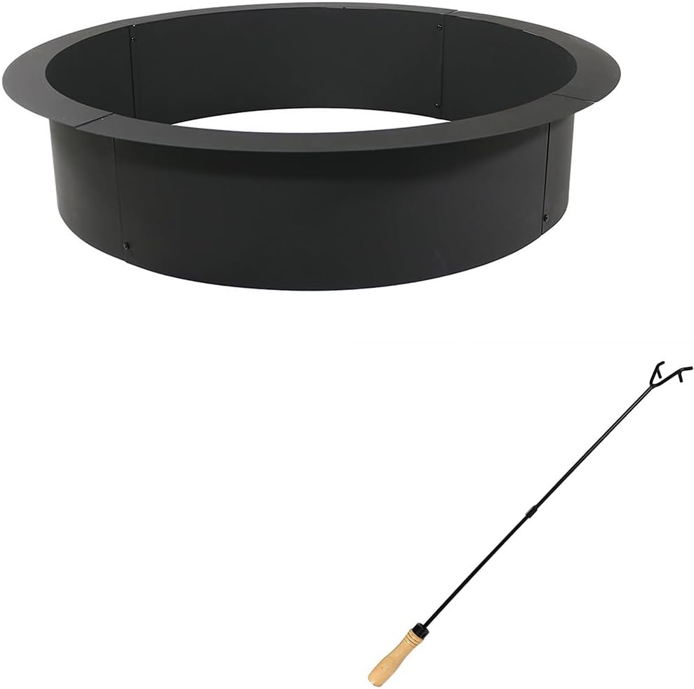 Sunnydaze 45-Inch Diameter 2mm Thick Steel Fire Pit Ring Insert and 32-Inch Steel Fire Pit Poker Stick with Wood Handle
