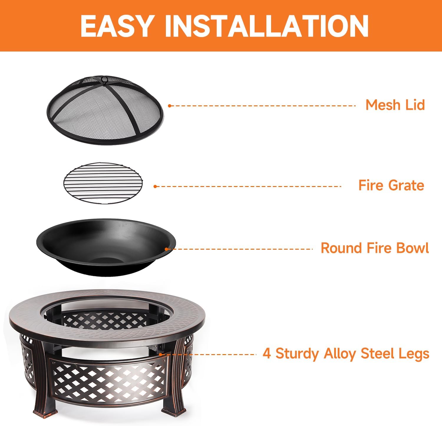 32-Inch Round Fire Pit Table, Metal Wood Burning Fireplace/Firepit with Fire Grate, Spark Screen Lid, Steel Bowl, Poker