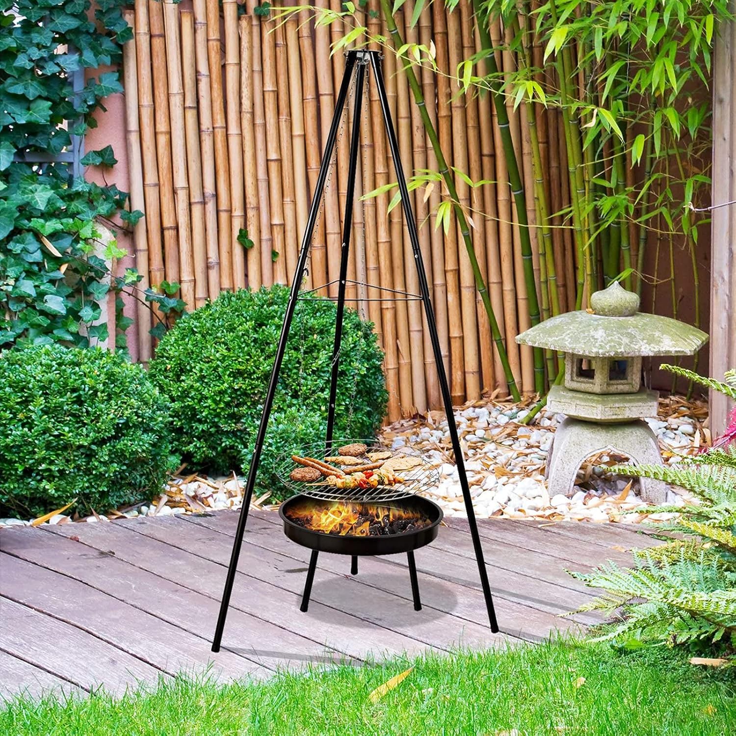 Fire Pit Tripod Charcoal BBQ Grill, Barbecues with Height-Adjustable Swivel Hanging Grill Portable Metal Fire Bowl for Outdoor Cooking Drying Clothes Pot Roast Grilling