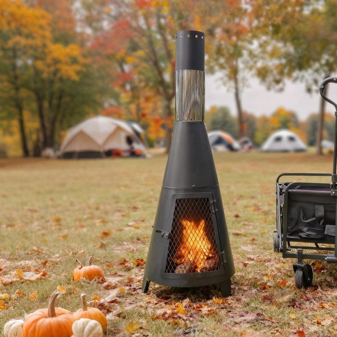 Chiminea Outdoor Fireplace, Portable Fireplace Chimenea with Mat and Poker. Wood Burning Fire Pit for Patio Garden Camping Heating and Ambiance