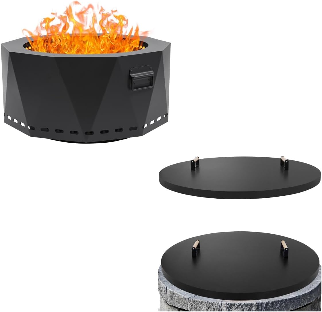Smokeless Firepit Outdoor-25 Inch Large Smokeless Fire Pits for Outside with Handles, Fire Pit Lid Cover Round - 38