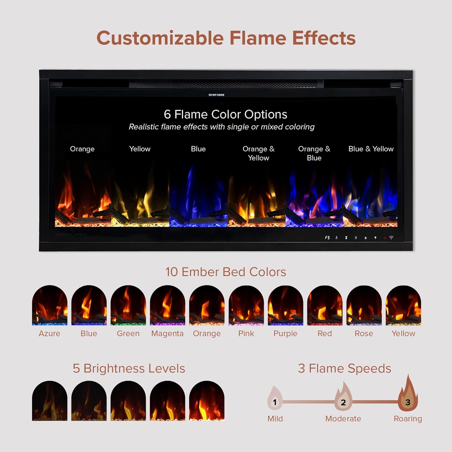 Modern Ember Aerus Slim 36 Inch Smart Linear Electric Fireplace | Recessed in-Wall or Wall-Mount | LED Multiple Flame Colors | Alexa/WiFi Enabled | 4.25” Profile | Remote Included