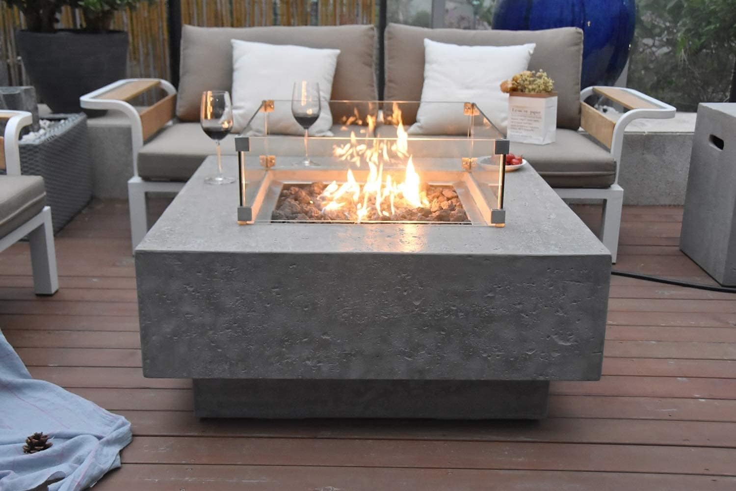 Elementi Manhattan Gas Fire Pit Bundle Concrete Fire Table, Outdoor Fire Pit Electronic Ignition | Canvas Cover, Lava Rock Included | Free AMS Wind Guard | Light Gray (Propane Gas)