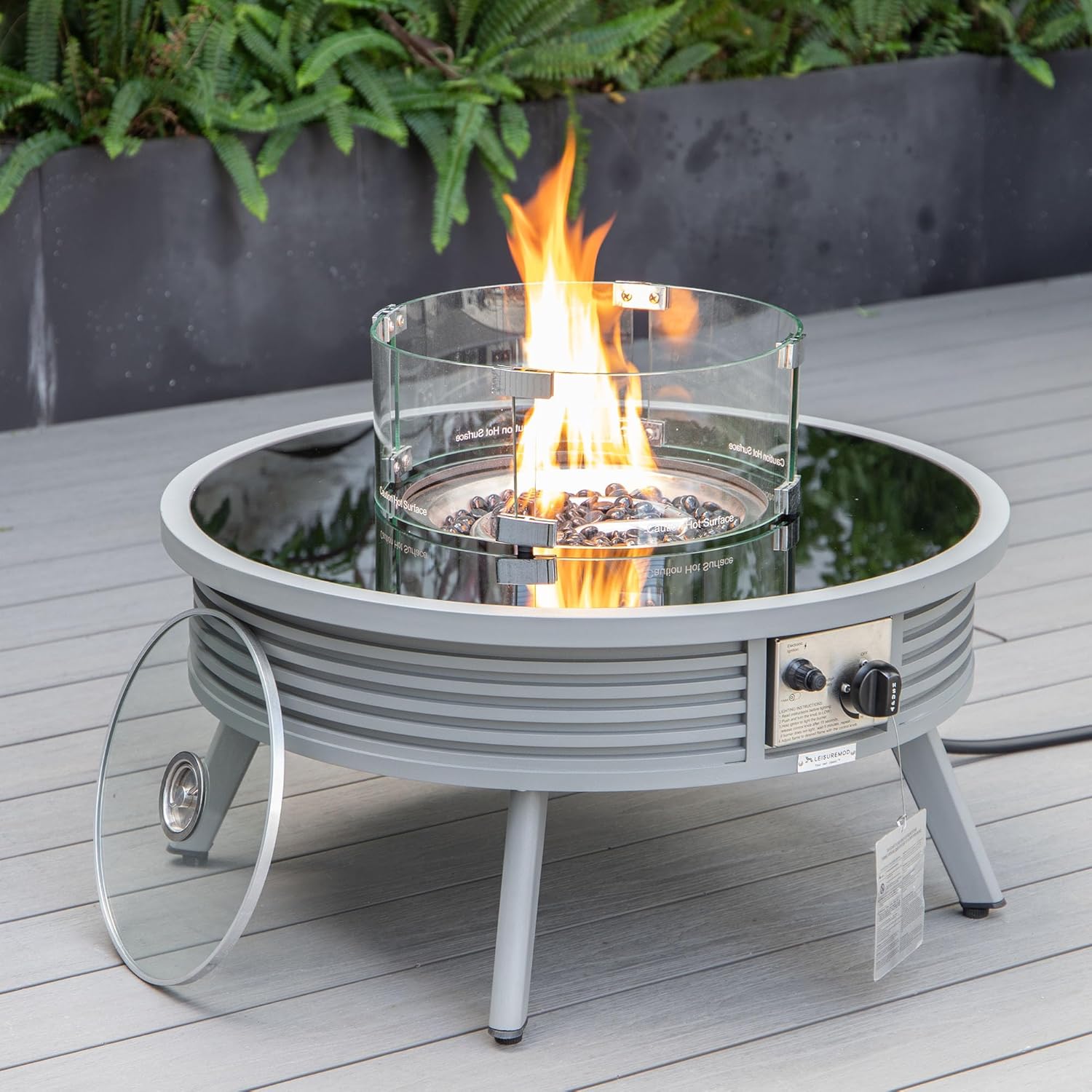 LeisureMod Walbrooke Modern Aluminum 5-Piece Patio Conversation Set with Outdoor Round Fire Pit Slats Design & Side Table Tank Holder, Light Grey