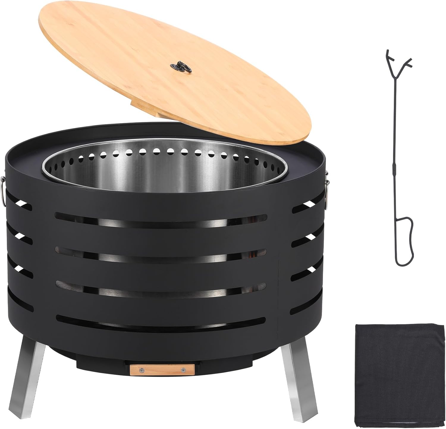 30 Inch Smokeless Fire Pit, Outdoor Wood Burning Firepit with Removable Ash Pan, Bamboo Lid, Weather Resistant Cover, Portable Bonfire Fire Pit for Outside, Patio, Capming, Black