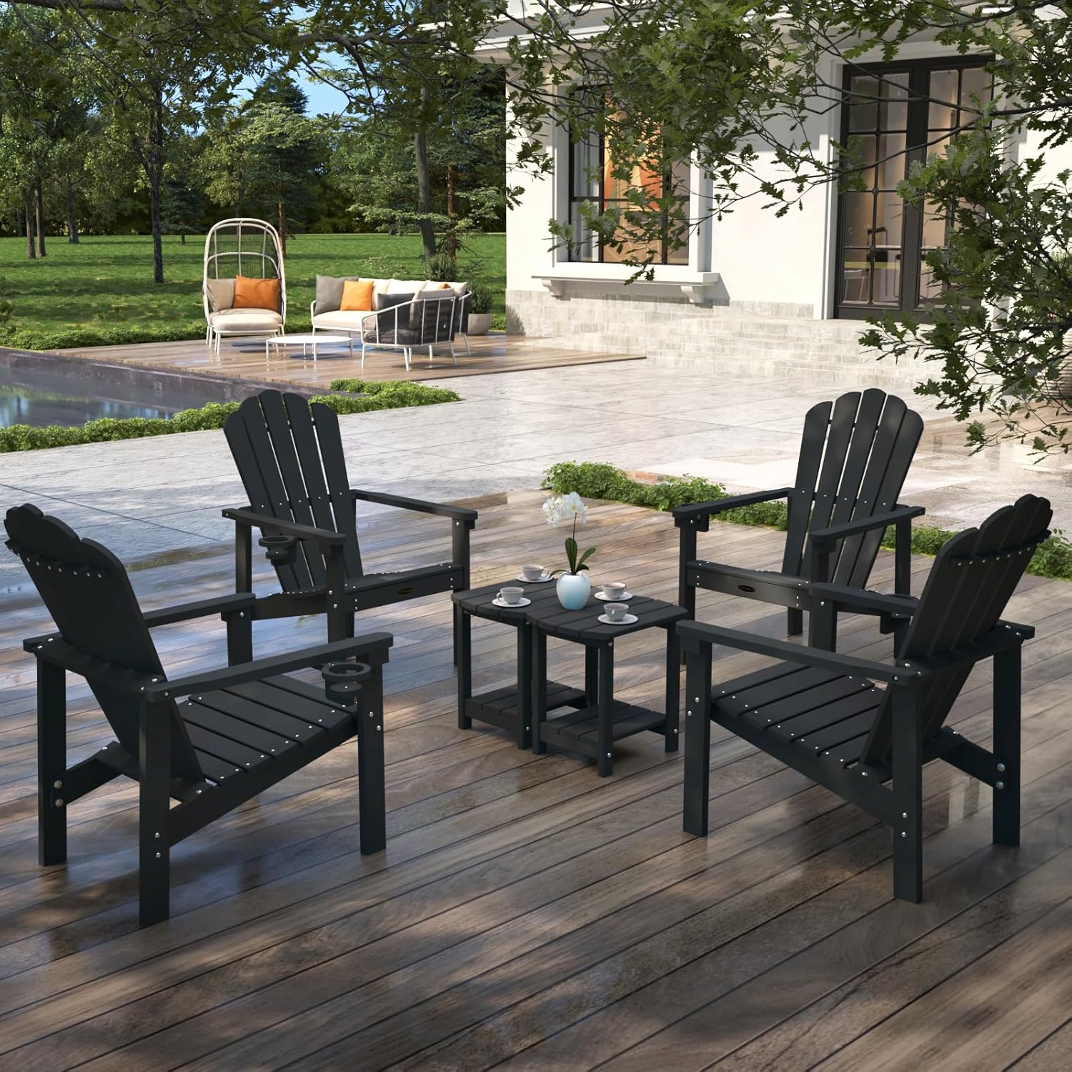 Stackable Adirondack Chair Set of 4, HDPE All-Weather Adirondack Chairs - Durable and Space Saving, Plastic Outdoor Fire Pit Chairs with Cup Holder,Grey