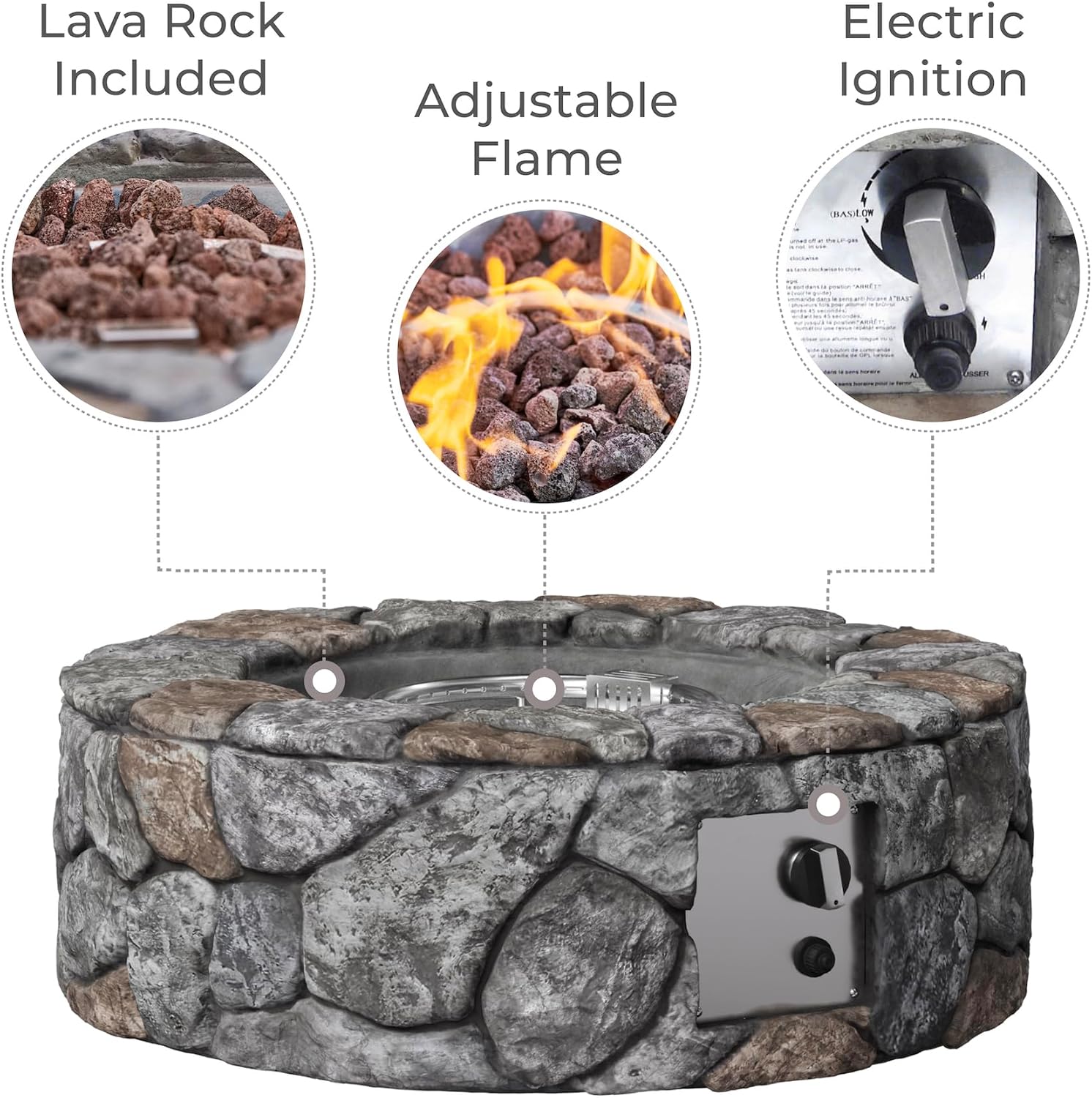 Teamson Home 28 in. Outdoor Round Propane Gas Smokeless Fire Pit with Sturdy Faux Stacked Stone Base, Quick Ignition and Weather-Resistant PVC Cover, Gray