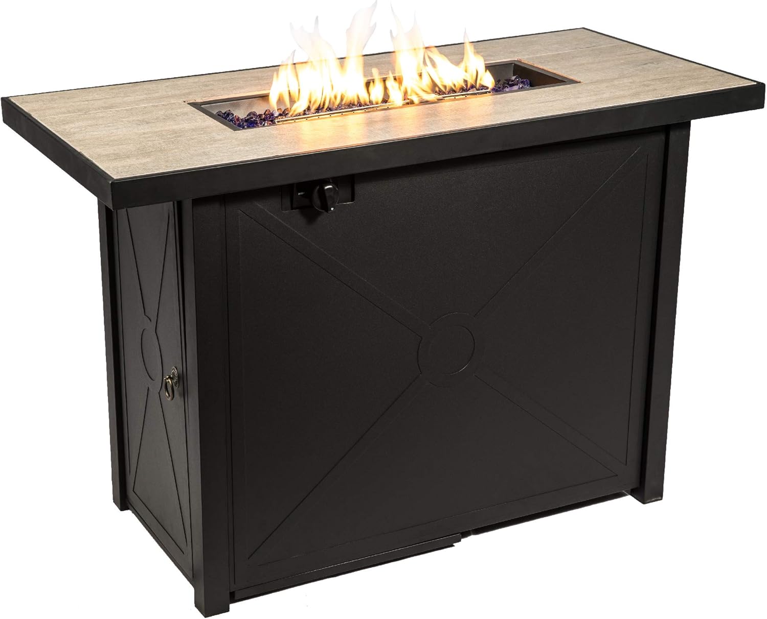 Teamson Home 40,000 BTU Rectangular Steel Outdoor Fire Pit Table Outside Propane Gas Firepit Tabletop with PE Wicker Base, 8.8 Pounds Lava Rocks, and PVC Cover for Patio Deck Backyard, 42 Inch, Black