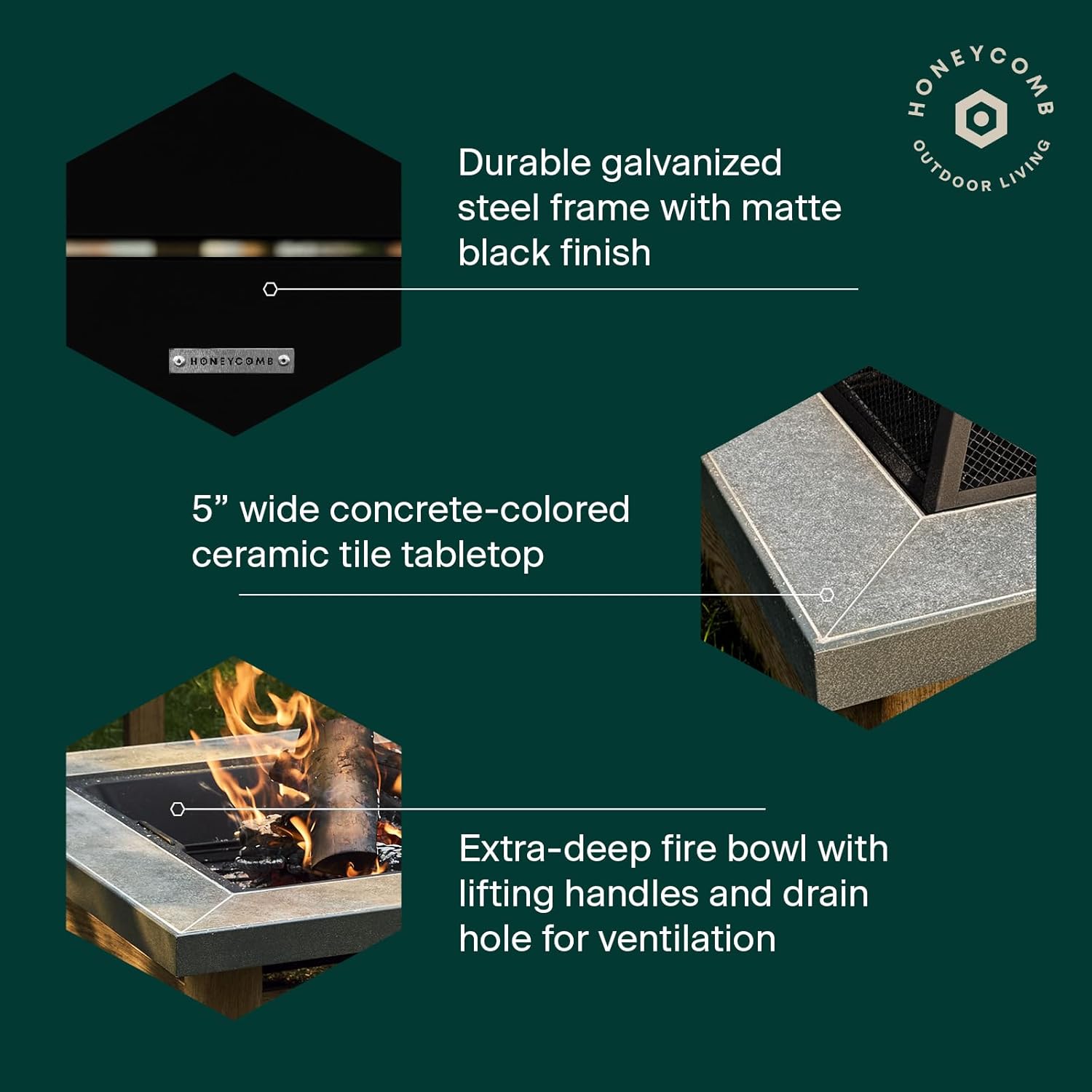 Honeycomb Outdoor Edisto Wood Burning Fire Pit with Cover and Poker, Matte Black Frame, Ceramic Tile Tabletop