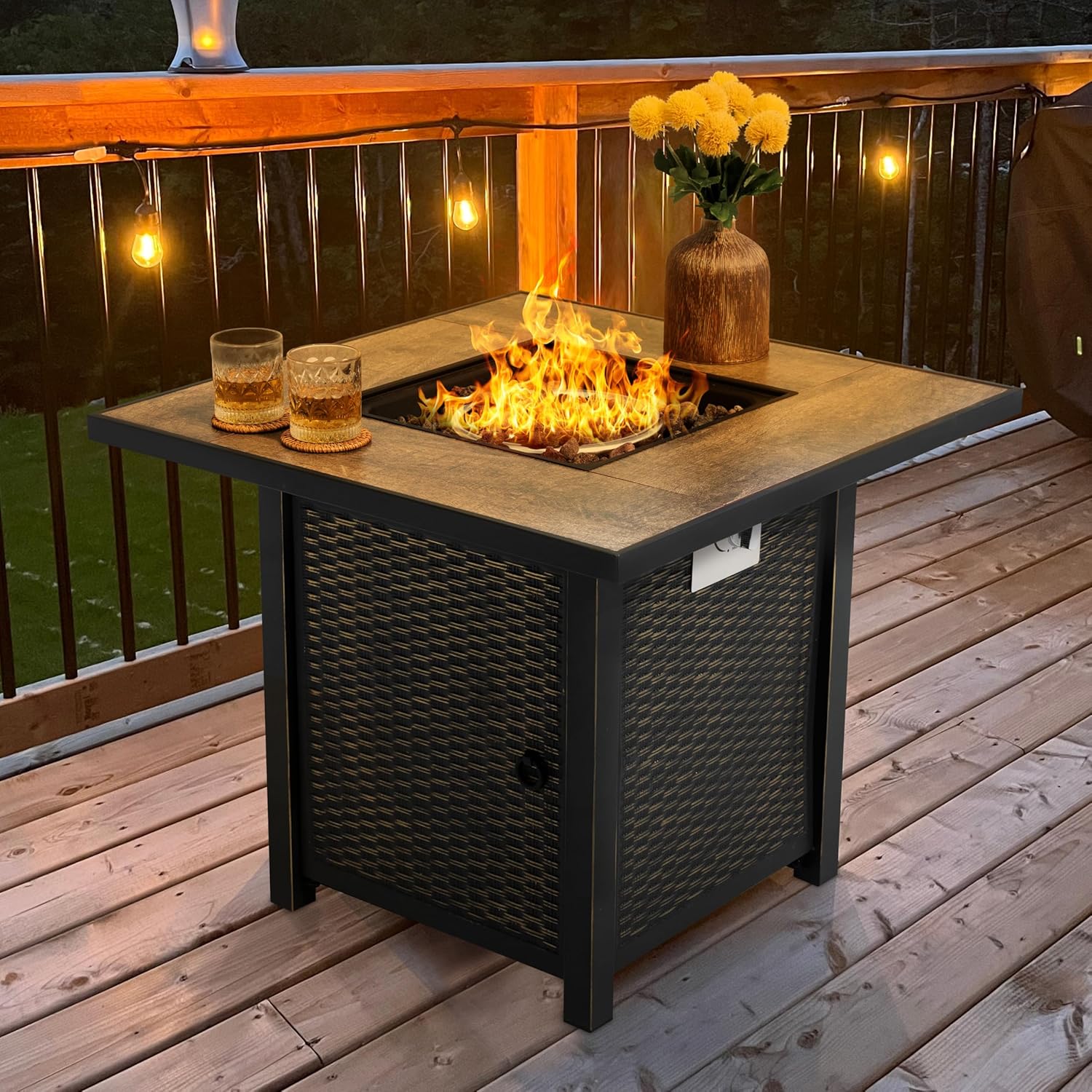 Nuu Garden 30 Inch Outdoor Propane Fire Pit Table, 50,000 BTU Square Gas Fire Table with Ceramic Tabletop, Lid, Cover and Lava Rock for Patio Outside Garden Backyard Party, Brown