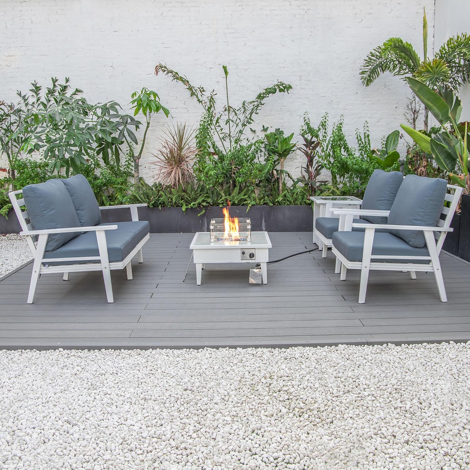 LeisureMod Walbrooke Modern Aluminum 5-Piece Patio Conversation Set with Outdoor Square Fire Pit Side Table Tank Holder, Navy Blue