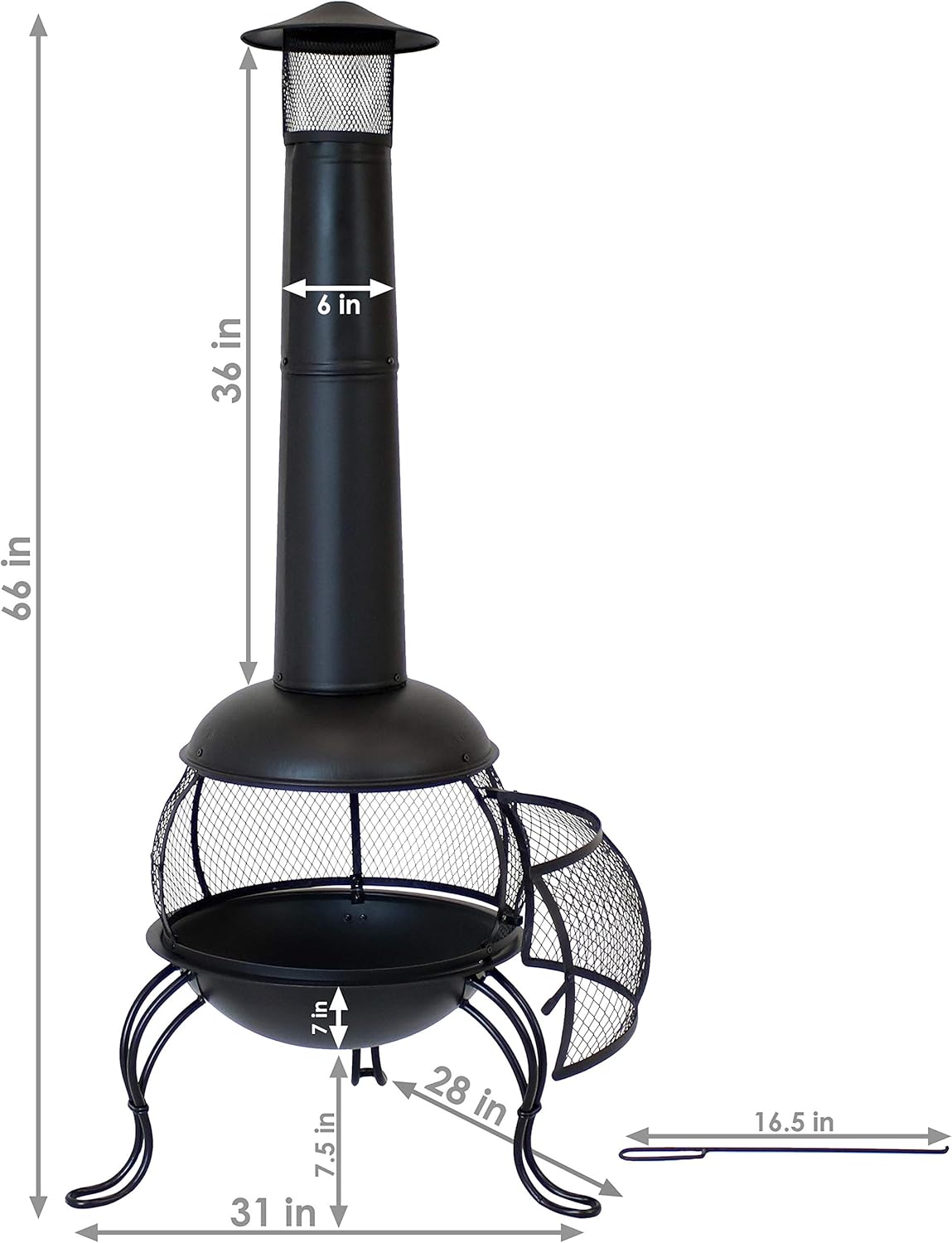 Sunnydaze 66-Inch Black Heavy-Duty Steel Wood-Burning Chiminea with Rain Cap - High-Temperature Paint Finish