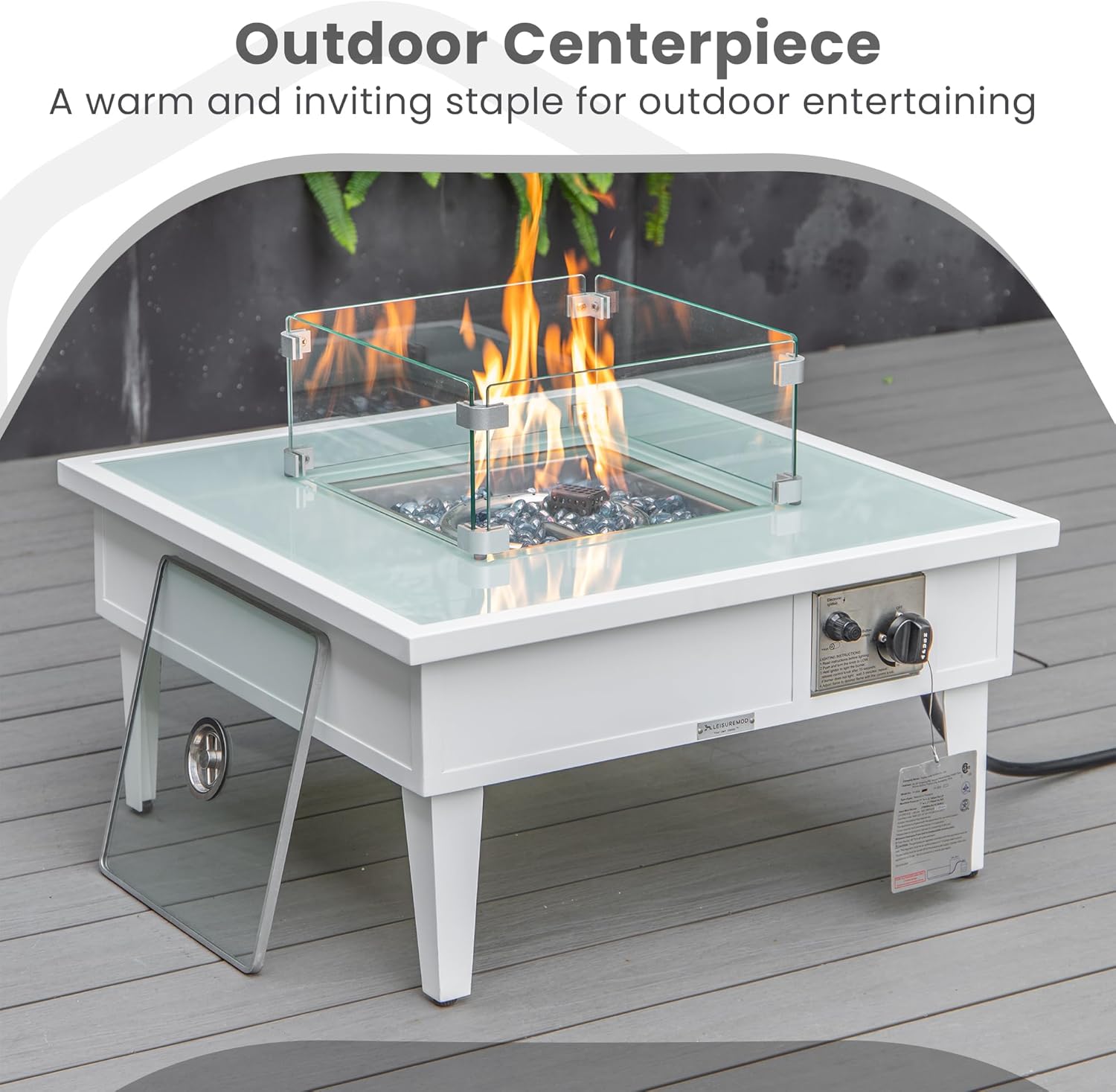 LeisureMod Walbrooke Modern Square Fire Pit Table and Tank Holder with Powder Coated Aluminum for Patio and Backyard Garden, White