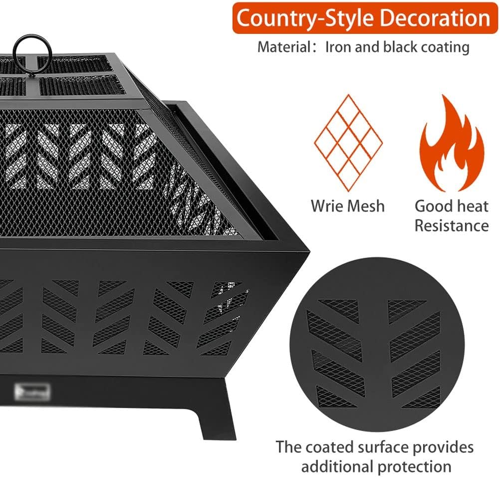 Outdoor Patio Wood Fire 4-Corner Pits 26 Inch Heater Stove with Flame-Retardant Spark Guard Black
