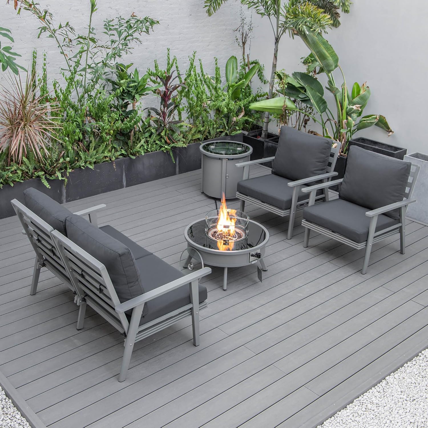 LeisureMod Walbrooke Modern Aluminum 5-Piece Patio Conversation Set with Outdoor Round Firepit Side Table Tank Holder, Charcoal