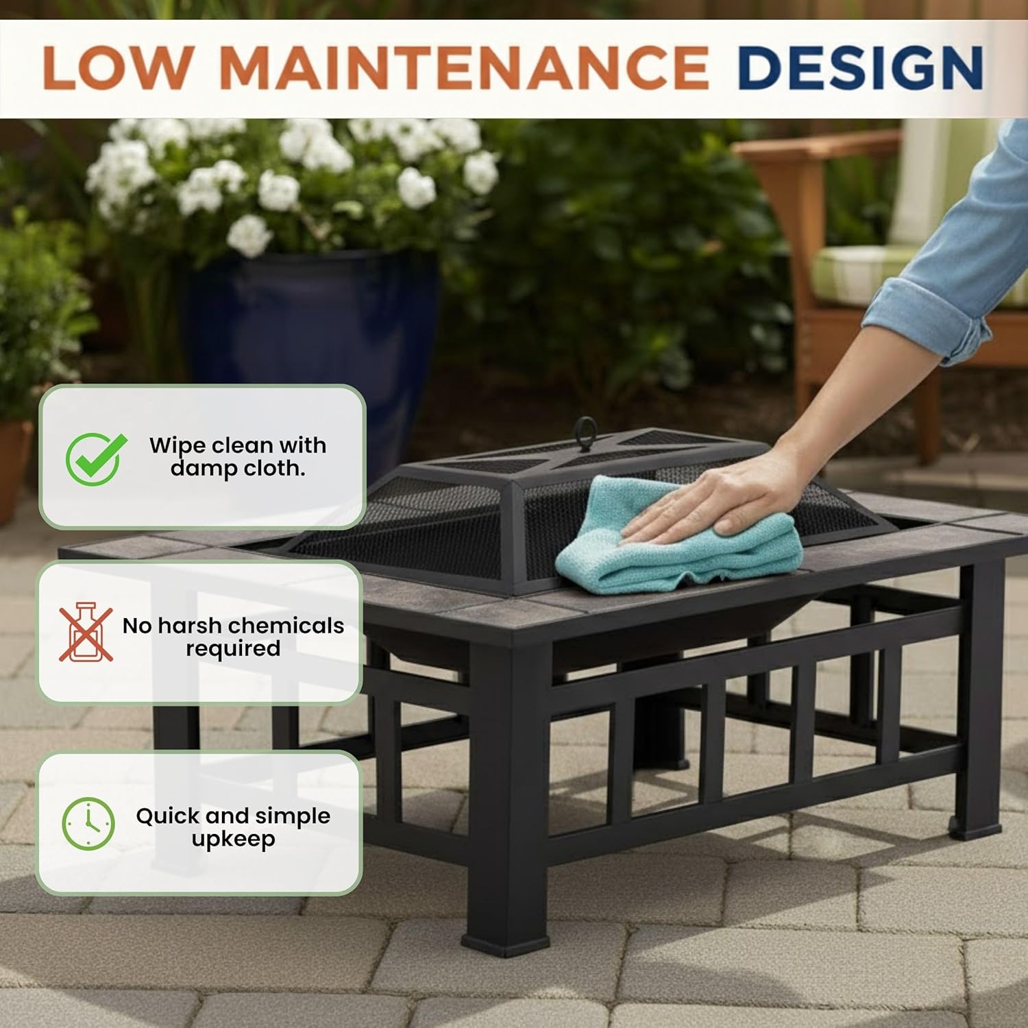 Fire Pit Set, Wood Burning Pit -Includes Screen, Cover and Log Poker- Great for Outdoor and Patio, 37” Marble Tile Rectangular Firepit by Pure Garden