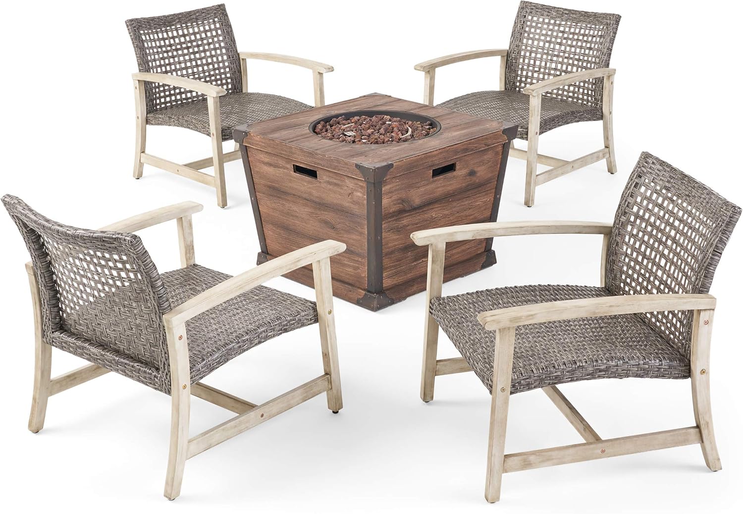 GDFStudio Outdoor 4 Piece Wood and Wicker Club Chair Set with Fire Pit, Light Gray with Mixed Black and Brown
