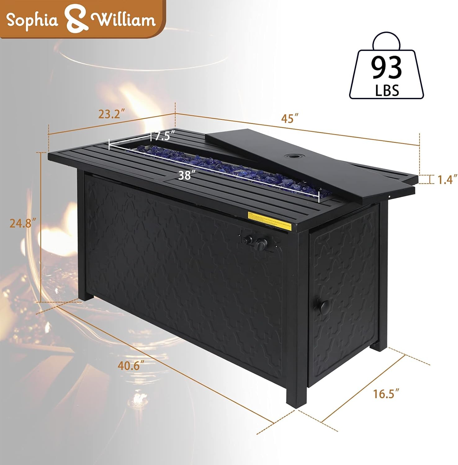 Sophia & William Propane Gas Fire Pit Table 45 Inch 50,000BTU Rectangular Outdoor Firepits for Outside Patio with Lid and Blue Fire Glass, Black