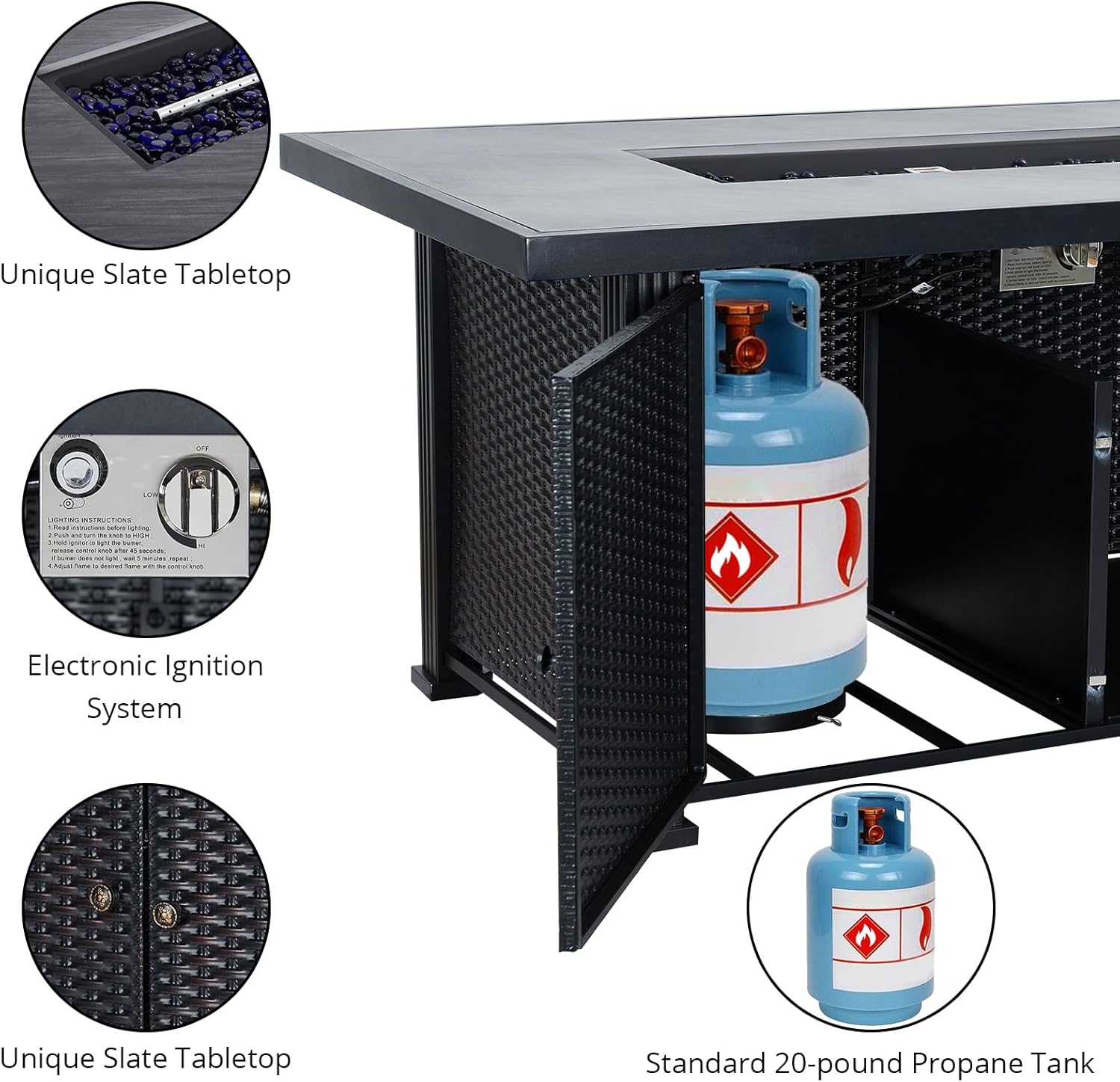 Outdoor Propane Fire Pit 52inch, PioneerWorks Propane Fire Pit Table 50000BTU Gas Fire Pit Table with Cover & Rain Cover, Rectangle Gas Firepit Table for Patio Deck Garden Backyard