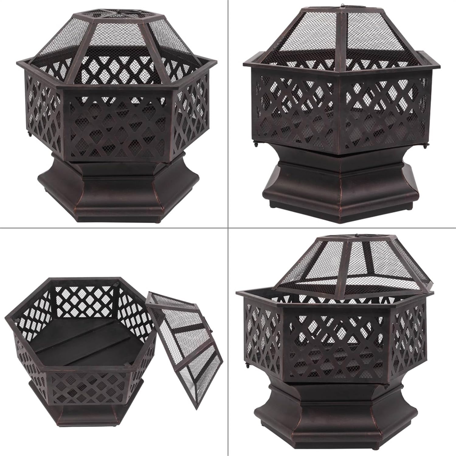 22” Hexagonal Outdoor Fire Pit, Wood Burning Fire Bowl with Spark Screen Cover, Large Bonfire Pit Portable Firepit for Outside Camping Garden Patio Backyard